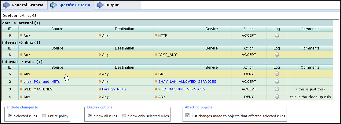 Rule Change report specific