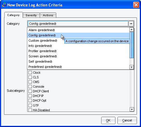 NSM Device Log Action Category Config