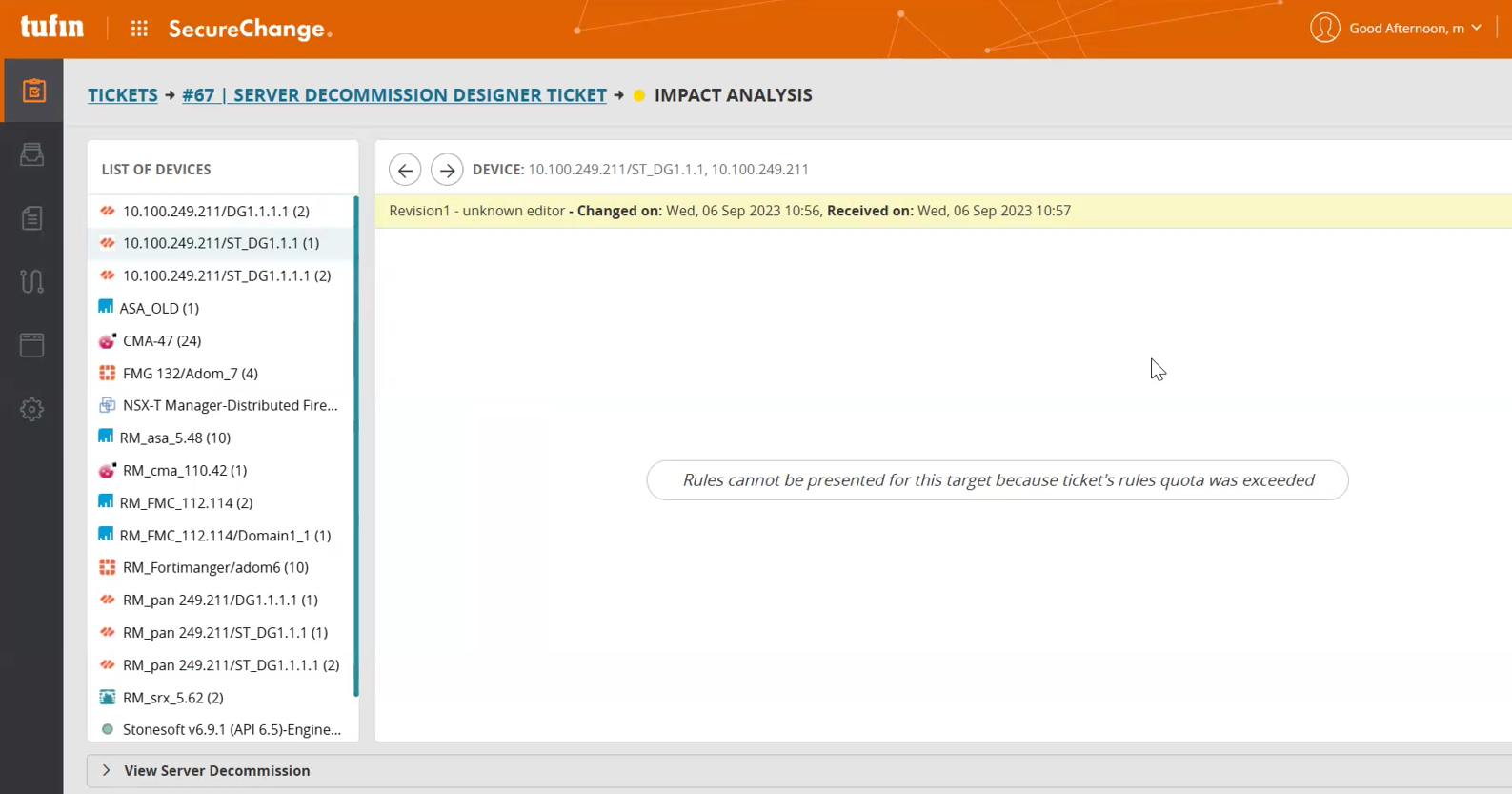 Example of devices exceeding the rule threshold. Rules are not displayed and the Verifier status is yellow.